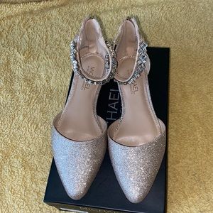 Gold dress flats w/diamond rhinestones ankle straps, zipper back.  Size 8 M